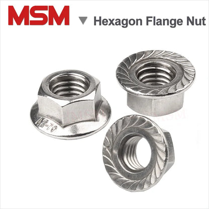 10-100PCS/lot Stainless Steel Hexagon Flange Nuts Anti-slip Serrated Spinlock M3 M4 M5 M6 M8 M10 M12 Loose-proof Locking Nuts