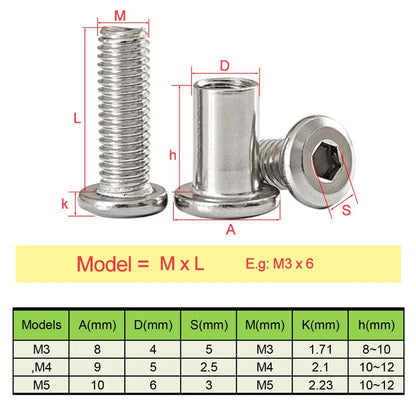 10 Sets Stainless Steel Hexagon Socket Butt Screw M3 M4 M5 Furniture Bridge Screw Wooden Board Joint Screw & Cap Nut