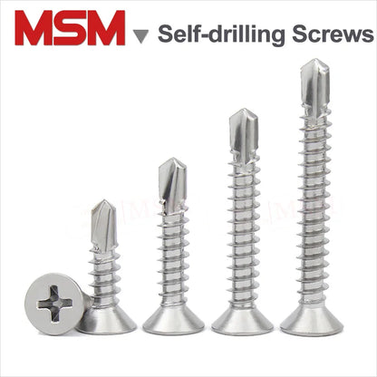 100 Pcs Stainless Steel Flat Head Countersunk Phillips/Cross Self-drilling Self Tapping Screw M3.5 M3.9 M4.2 M4.8 M5.5