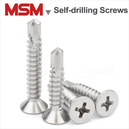 100 Pcs Stainless Steel Flat Head Countersunk Phillips/Cross Self-drilling Self Tapping Screw M3.5 M3.9 M4.2 M4.8 M5.5