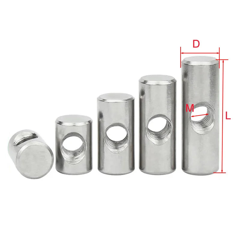 10Pcs Stainless Steel Embeded Nut Cylindrical Pin Dowel with Threaded Cross Hole for Wood Furniture M4 M5 M6 Barrel Bolts