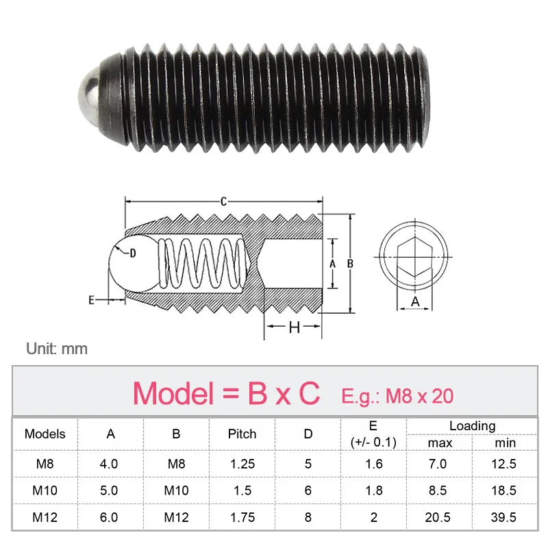 10pcs Allen Spring Ball Point Positioning Set Screws M8 M10 M12 Grade 12.9 Black Hex Socket Spring Ball Plunger Screw