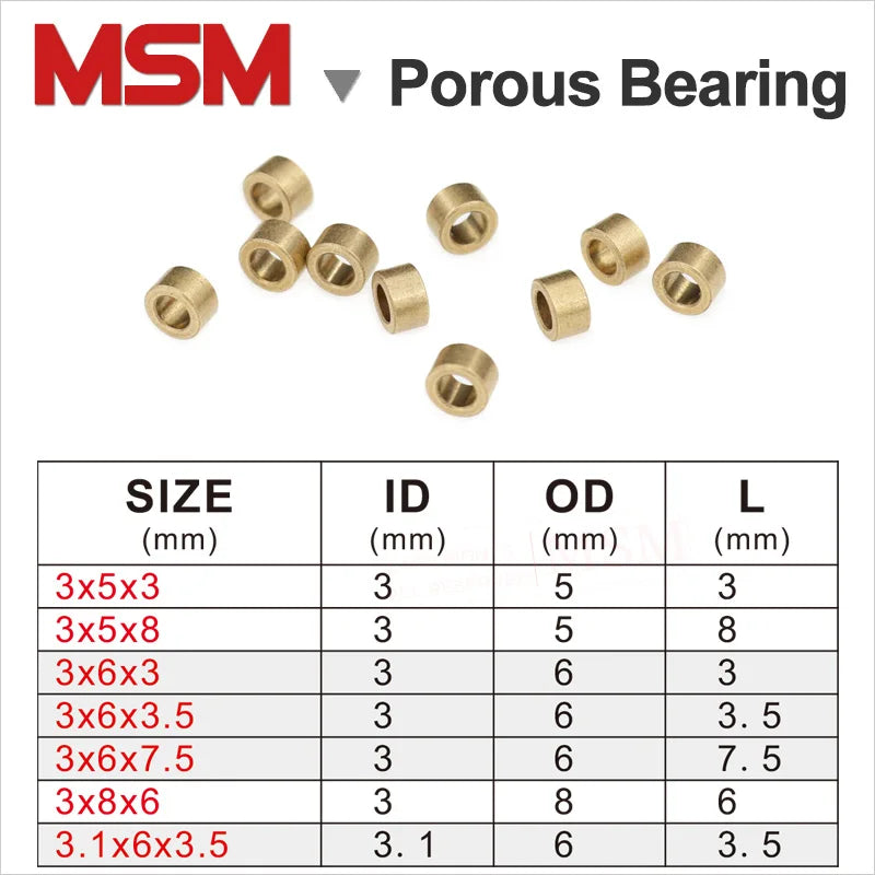 10pcs MSM 3x5x3/3x5x8/3x6x3/3x6x3.5/3x6x7.5/3x8x6mm Porous Bearings Tin Bronze Base Powder Metallurgy Oil Bushing Copper Sleeve