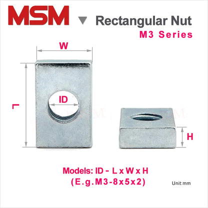 10pcs Rectangular Nuts M3 Hole 3mm Zinc Plated Carbon Steel Thin Square Nut Aluminum Profile Accessory Slider Block Metric mm