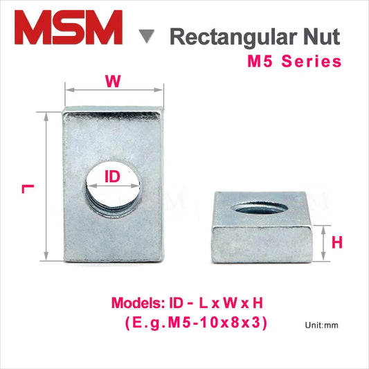 10pcs Rectangular Nuts M5 Hole 5mm Zinc Plated Carbon Steel Thin Square Nut Aluminum Profile Accessory Slider Block Metric mm