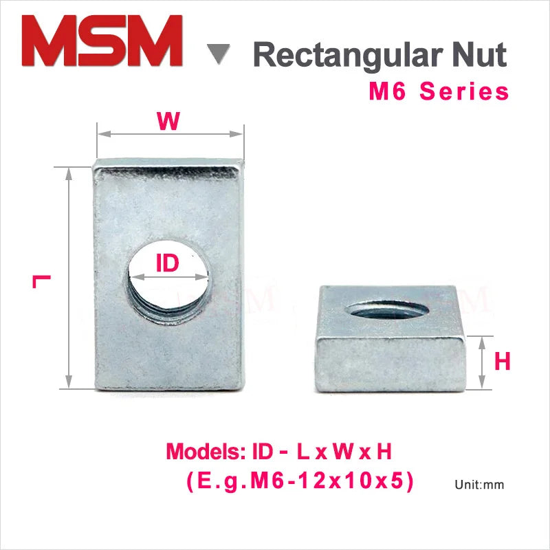 10pcs Rectangular Nuts M6 Hole 6mm Zinc Plated Carbon Steel Thin Square Nut Aluminum Profile Accessory Slider Block Metric mm