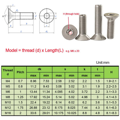 10pcs Stainless Steel Hexagon Socket Flat Countersunk Head Hollow Screw with Nuts M4/5/6/8/10/12/16 Screw with Air Hollow Hole
