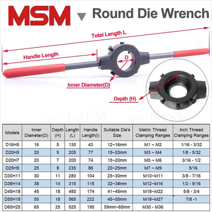 1Pc High Strength Carbon Steel Multi Sizes Round Die Wrench Threading Tools Adjustable Die Handle For Metric/Inch Thread Tappers