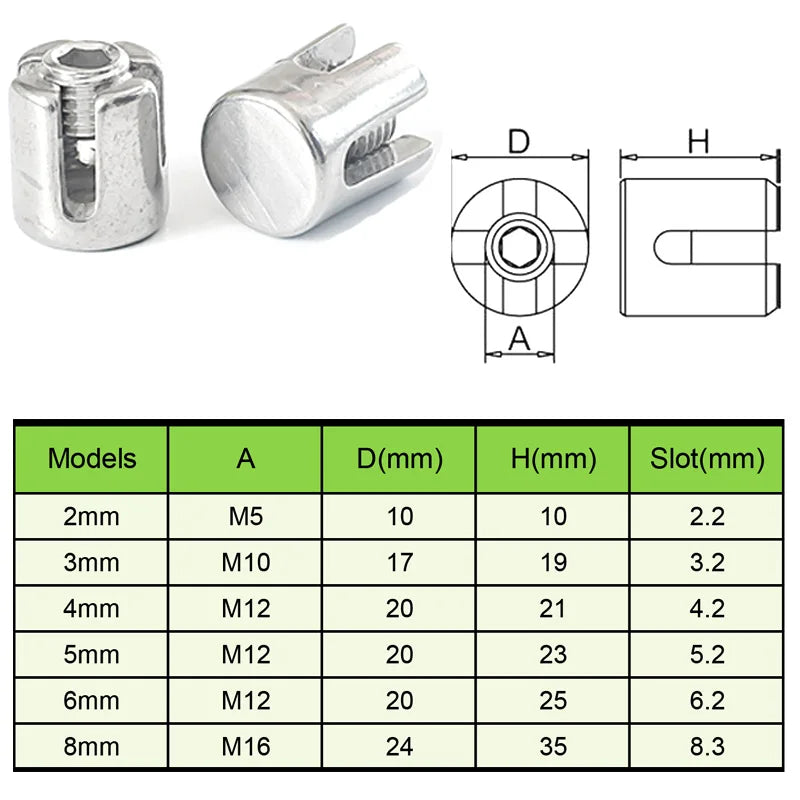 1pc Stainless Steel Slotted Collet for Wire Rope Cross Fitting Wire Rope Clip Locking Buckle Rope Cross Lock Clamp 2/3/4/5/6/8mm