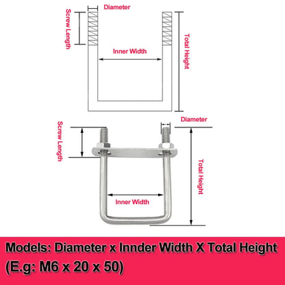 2 Pcs Stainless Steel Square U-clamp Square Right Angle U Screw With Nuts Baffle For Pipe Tube Fixture M6 M8 M10 Width 30~150mm