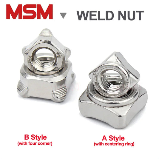 20Pcs Stainless Steel Square Weld Nut A/B Style Four Corner Welding Nut Square Spot Welding Nut With Centering Ring M4/5/6/8/10