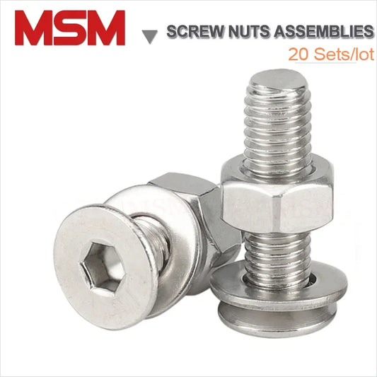 20Sets Stainless Steel Metric Hexagon Socket Countersunk Head Screws With Nuts Plain Washer Whole Set M4 M5 M6 Length [10-60 ]mm