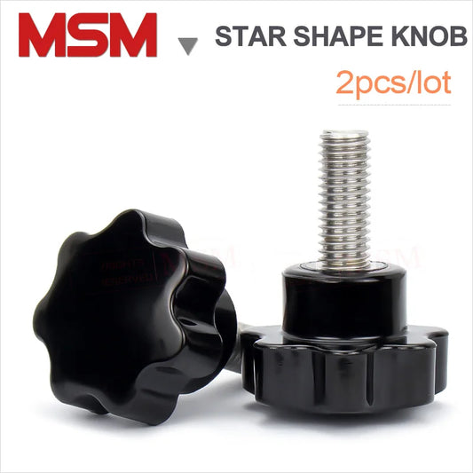 2PC Black Star Shape Thread Clamping Handle Bolt Bakelite Hand Knob With Stainless Steel Tightening Screw Seven PetalM4/5/6/8/12