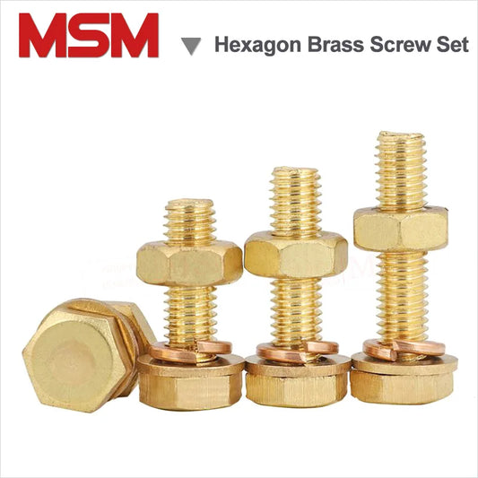 2Set Copper Hexagon Head Screw Nut Plain Washer Elastic Washer Combination Non-magnetic M8/10/12/16 External Hexagon Brass Screw