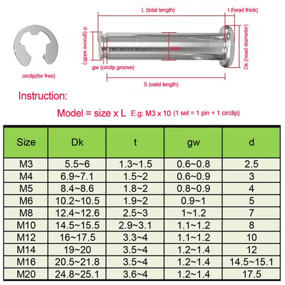 2pcs Stainless Single End Grooved Flat Head Pins with Circlip M12/14/16/20 Cylindrical Slotted Positioning Pins Clevis Bolt