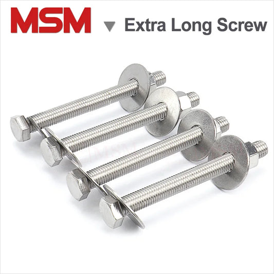 4 Sets Stainless Steel Hex Head M6 M8 Extra Long Screw/Bolt With Two Plain Washers And One Nut Fully Threaded Length [40~200mm]