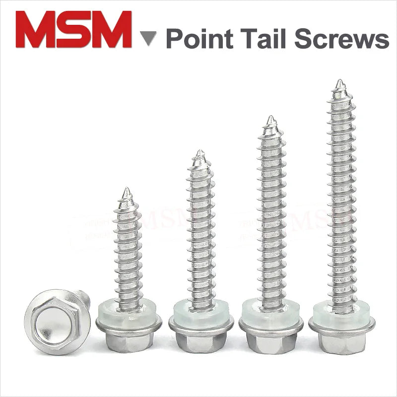 40 Pcs Stainless Steel Higher Hardness Hexagon Head Point Tail Screws With Self Tapping Thread And Waterproof Pad M5.5