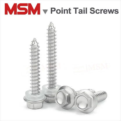 40 Pcs Stainless Steel Higher Hardness Hexagon Head Point Tail Screws With Self Tapping Thread And Waterproof Pad M5.5