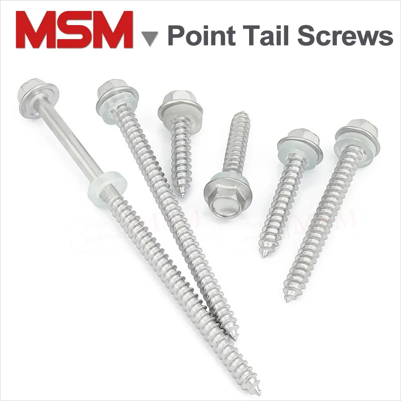 40 Pcs Stainless Steel Higher Hardness Hexagon Head Point Tail Screws With Self Tapping Thread And Waterproof Pad M5.5