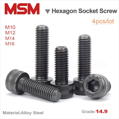4Pcs High Strength Grade 14.9 Alloy Steel Hexagon Socket Head Cap Screw DIN912 M10/12/14/16 Allen Head Screw CNC Machine Bolt