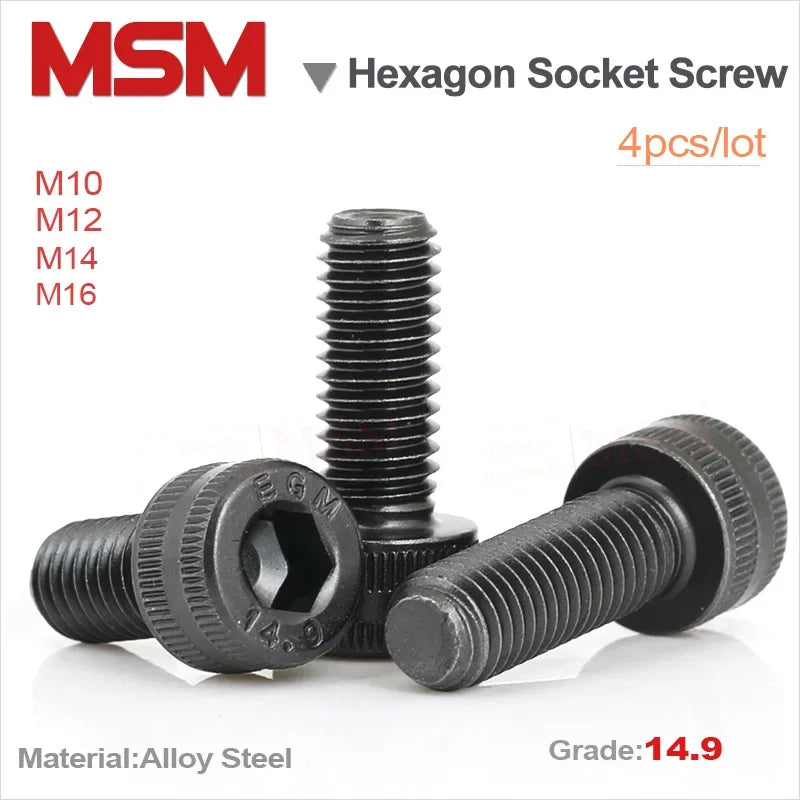 4Pcs High Strength Grade 14.9 Alloy Steel Hexagon Socket Head Cap Screw DIN912 M10/12/14/16 Allen Head Screw CNC Machine Bolt