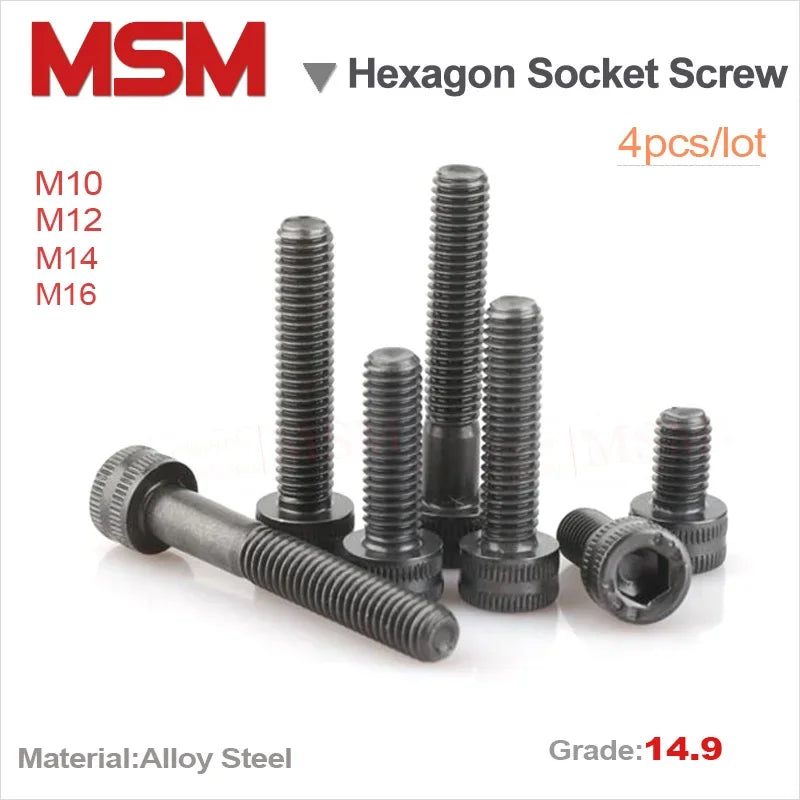 4Pcs High Strength Grade 14.9 Alloy Steel Hexagon Socket Head Cap Screw DIN912 M10/12/14/16 Allen Head Screw CNC Machine Bolt