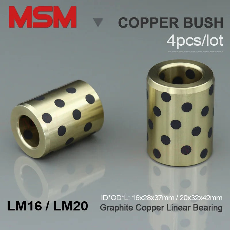 4pcs MSM LM16 LM20 Graphite Copper Linear Bearing 16x28x37mm 20x32x42mm Oilless JDB Brass Bushing Self-lubricated Sliding Sleeve