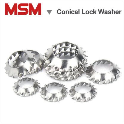 50/60 Pcs Stainless Steel Countersunk Serrated External Toothed Lock Washer Concial Anti-loose Gasket Teeth M3 M4 M5 M6 M8 M10