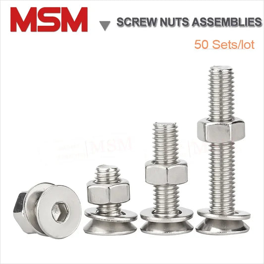 50pcs Stainless Steel Metric Hexagon Socket Countersunk Head Screws With Nuts Plain Washer Whole Set M2 M2.5 M3 Length 3-40mm