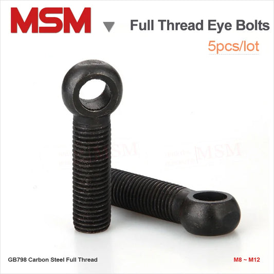 5pcs GB798 Carbon Steel Eye Bolts Black Full Thread Stud Anchor Bolt Slip Hole Screw M8 M10 M12 Length 60 ~ 100mm