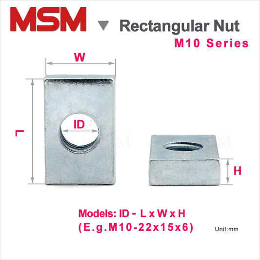 5pcs Rectangular Nuts M10 Hole 10mm Zinc Plated Carbon Steel Thin Square Nut Aluminum Profile Accessory Slider Block Metric mm