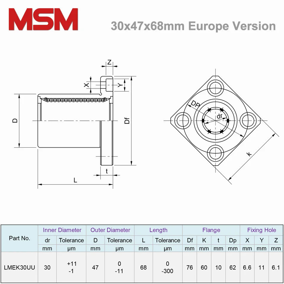 1pcs MSM Europe Version LMEK30UU 30x47x68mm Square Flange Linear Bearing 30mm CNC Flange Linear Ball Bush Slide Motion Bearing