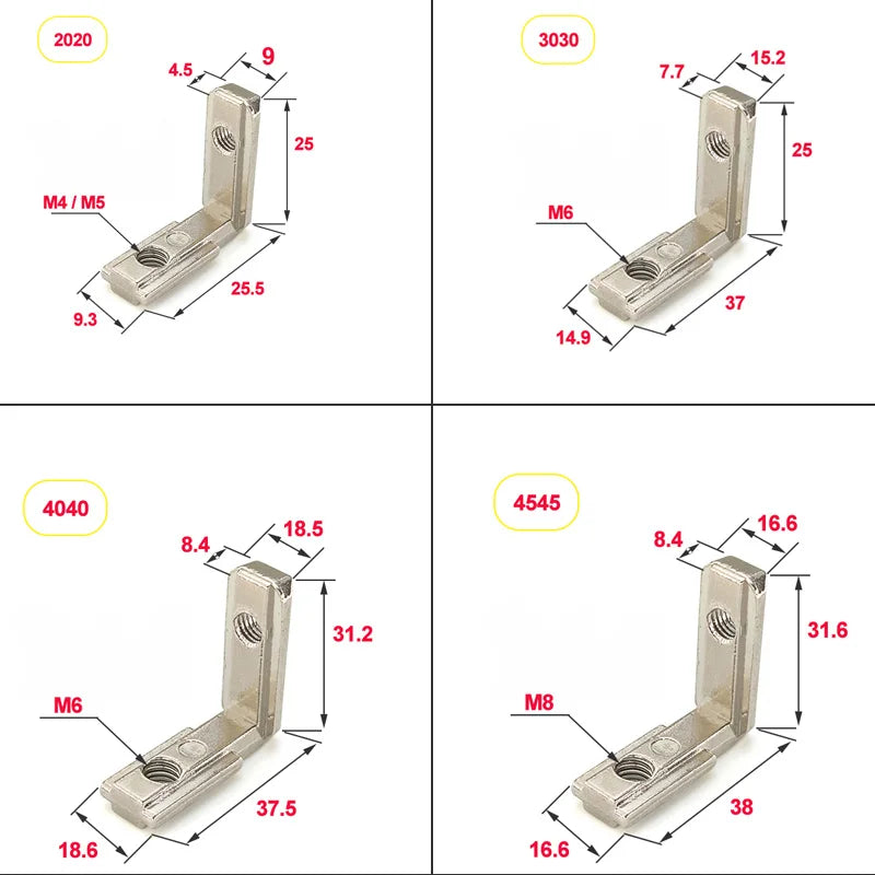 50/20/10 PCS T Slot Aluminum Angle Bracket Inner Joint Bracket L Shape White/Black Aluminum Extrusion Profile 2020/3030/4040/454