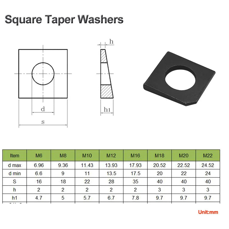 Channel Steel Square Taper Washers For I Section GB852 Square Oblique Gasket Black M6/8/10/12/16/18/20/22