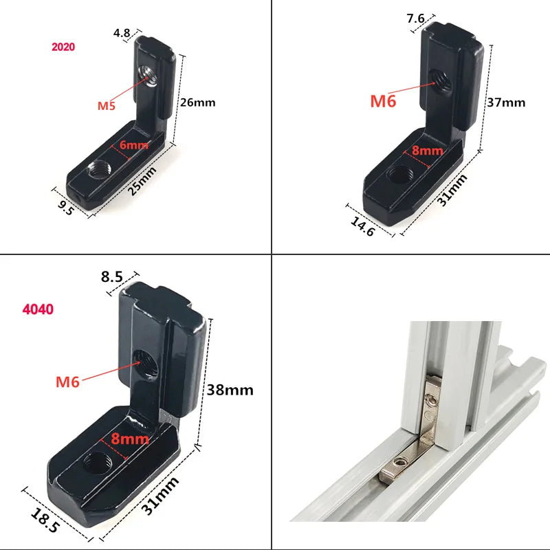 50/20/10 PCS T Slot Aluminum Angle Bracket Inner Joint Bracket L Shape White/Black Aluminum Extrusion Profile 2020/3030/4040/454