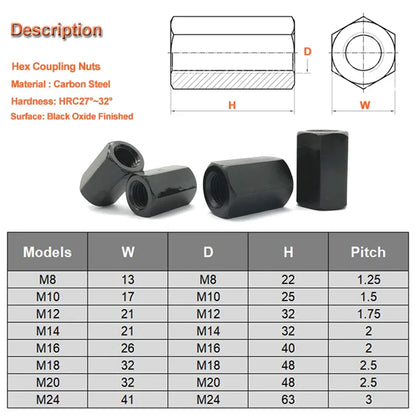 2PCS High Stength Grade 10 Hex Coupling Nut Thicken Extended Connecting Nut Metric Standard M8 M10 M12 M14 M16 M18 M20 M24