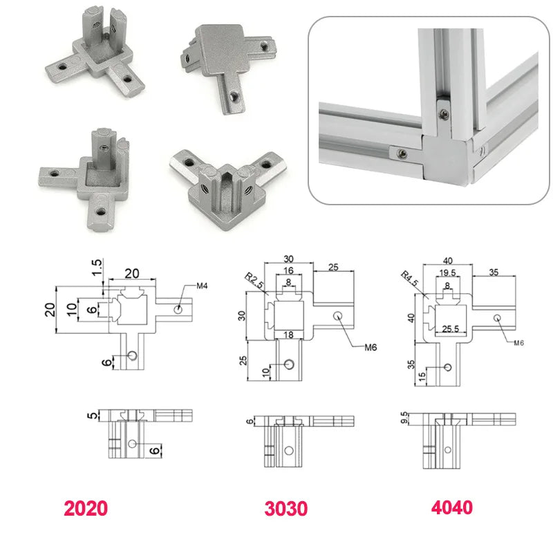 2PCS L Type White/Black 3-Dimensional Bracket 3-Way Conner Connector For EU Standard Aluminium Profile 2020/3030/4040 With Screw