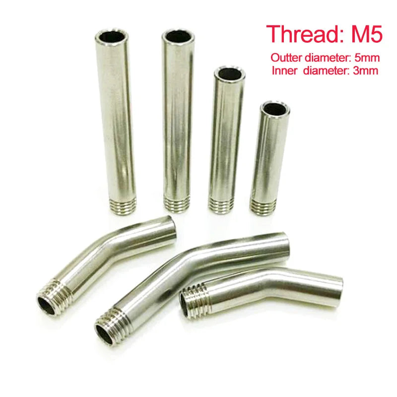 5pcs Stainless Steel M5 Threaded Hollow Straight/Bend Outlet Extension Pipe for CNC Spindle Sprayer Cooling Extension Nozzle