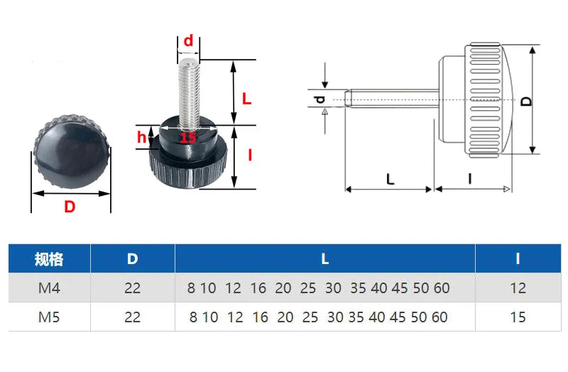 5Pcs Round Head Hand Tighten Screw Round Knurled Rubber Thumb Screw Plastic Tighten Bolt M4 M5 With Stainless Steel Rod