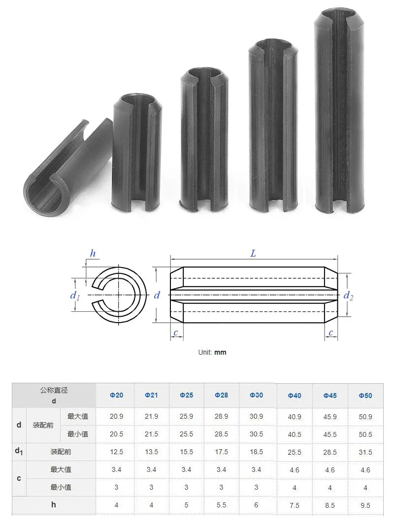 65Mn Carbon Steel Heavy Duty Cylindrical Cotter Pin M20/25/30/40/50 Black Straight Slotted Spring Pin Split Spring Dowel Tension