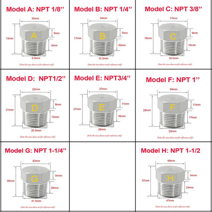 Stainless NPT 60 Degree Tapper Male Threaded Hexagon Head Socket Plugs End/Throat/Oil Plugs 1/8" 1/4" 3/8" 1/2" 3/4" 1" 1-1/4"