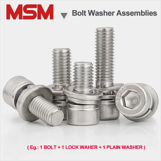 Stainless Steel Inner Hexagon Round Head Screw Flat Plain Washer Single Coil Spring Gasket Assemblies Bolt M2.5 M3 M4 M5 M6 M8