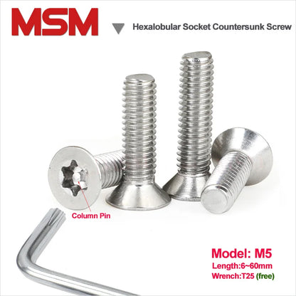 Stainless Steel M5 Star Socket Countersunk Flat Head Screw With Column Pin Free Wrench Anti Tamper Security Screw Six Lobe Torx