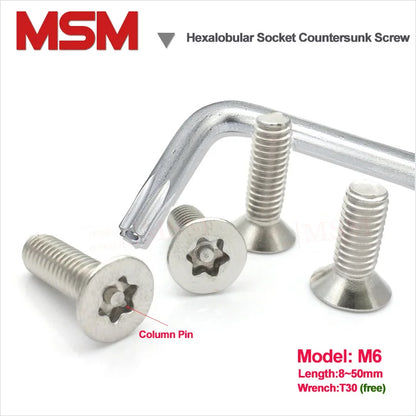 Stainless Steel M6 Hexalobular Socket Countersunk Flat Head Screws With Column Pin Anti Theft Security Screw With T30 Wrench