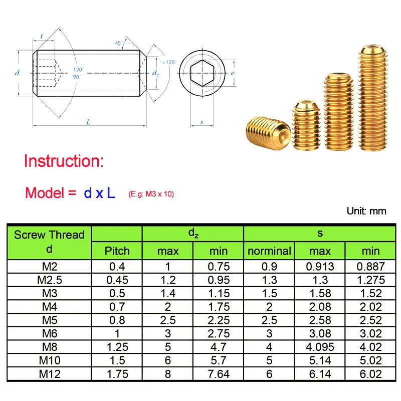 X pcs Brass Hex Socket Set Screws M2 M2.5 M3 M4 M5 M6 M8 M10 M12  Metric Copper Hexagon Socket Grub Screws With Cup Point