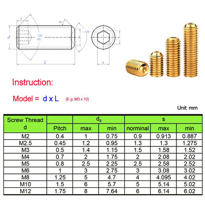 X pcs Brass Hex Socket Set Screws M2 M2.5 M3 M4 M5 M6 M8 M10 M12  Metric Copper Hexagon Socket Grub Screws With Cup Point