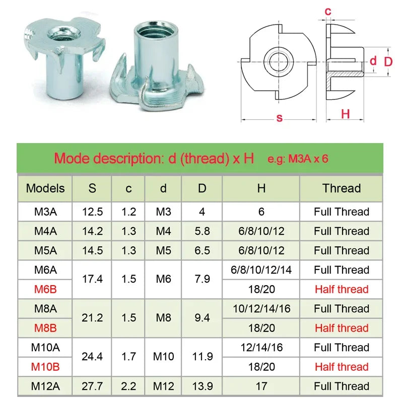 X pcs Carbon Steel Cold Heading Thickened Tee Nuts with Pronge Zinc Plated Four Claw Nuts M3 M4 M5 M6 M8 M10 M12 Furniture Nuts