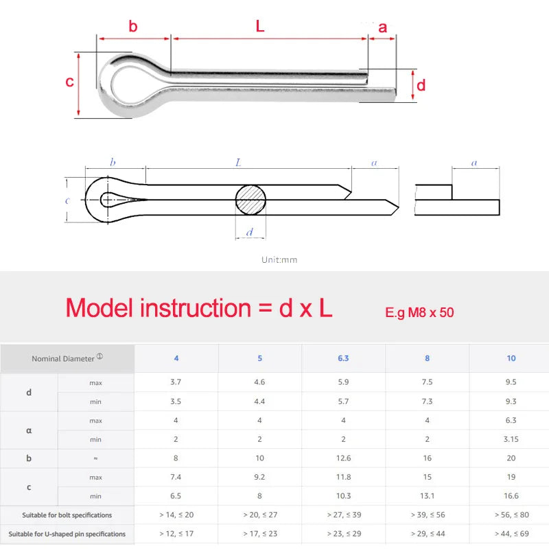 X pcs Stainless Steel Split Pins U Shape M6 M6.3 M8 M10 Splitted Spring Cotter GB91 Split Fixing Locking Safety Elastic Clip