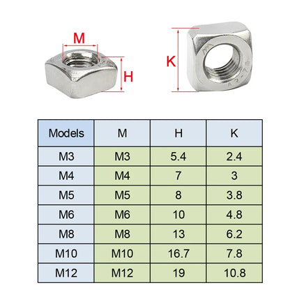 Xpcs M3 M4 M5 M6 M8 M10 M12 Square Nuts A2-70 304 Stainless Steel DIN557