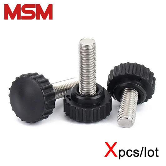 Xpcs M3~M8 Knurled Rubber Round Head Handle Thumb Screws with 304 Stainless Steel Male Thread Bolt Black Bakelite Hand Screw